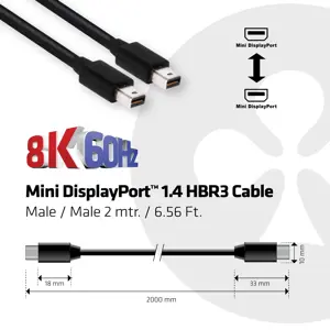 CLUB3D Mini DisplayPort 1.4 Cable HBR3 8K60Hz Male / Male 2 mtr. / 6.56 Ft., 2 m, Mini Displayport, Mini Displayport, Male, Male, 7680 x 4320 pixels