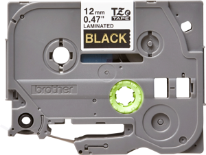 Brother laminuota juosta 12 mm, aukso spalvos, juoda, TZe, terminis perkėlimas, Brother, PT-1280HK, PT-1280SN, PT-1280KT, PT-D200HK, PT-1100SN, PT-1100KT, PT-2100VP, PT-2730, PT-7600,..., 1,2 cm