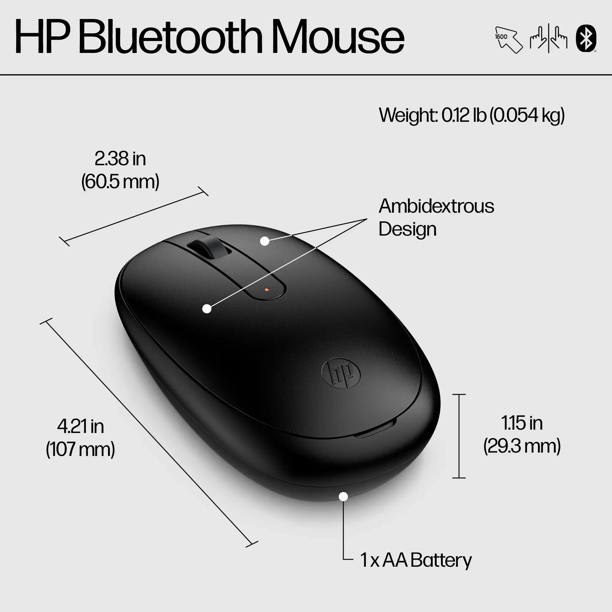 HP 245 Bluetooth Mouse, 107 mm, 60.5 mm, 29.3 mm, 54.2 g, 129 mm, 78 mm