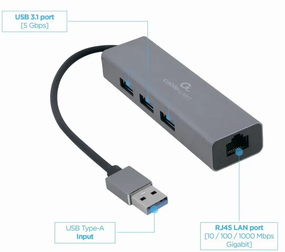 GEMBIRD A-AMU3-LAN-01 USB AM Gigabitinio tinklo adapteris su 3 prievadų USB 3.0 šakotuvu