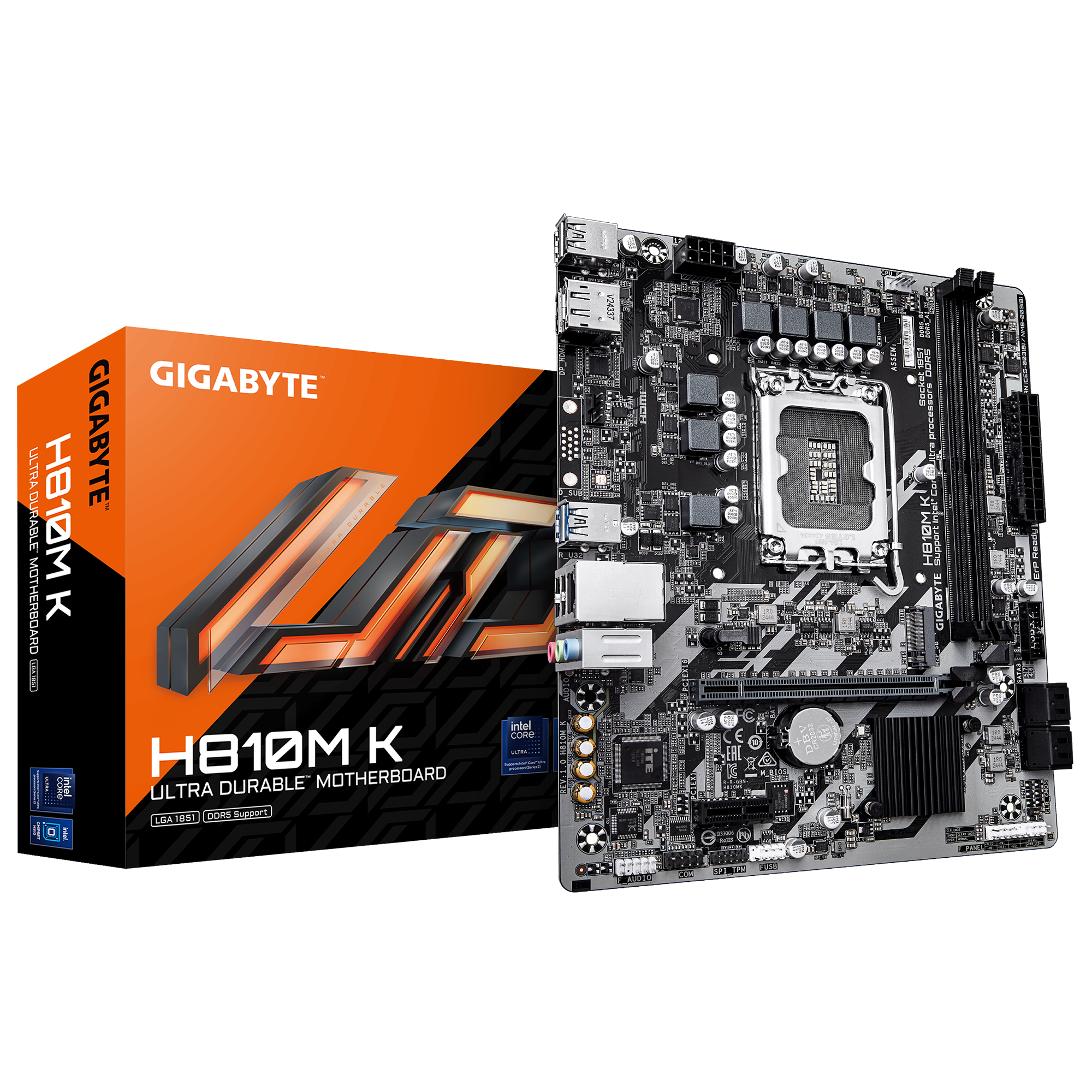 Gigabyte H810M K | Processor family Intel | Processor socket LGA1851 | DDR5 | Supported hard disk drive interfaces M.2, SATA | Number of SATA connectors 4