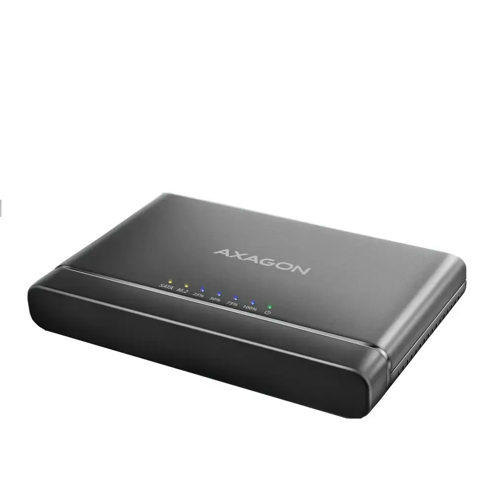 "Axagon" USB 3.2 Gen 2 adapteris, skirtas NVMe M.2 SSD ir SATA 2,5"/3,5" diskams prijungti su klonavimo funkcija.