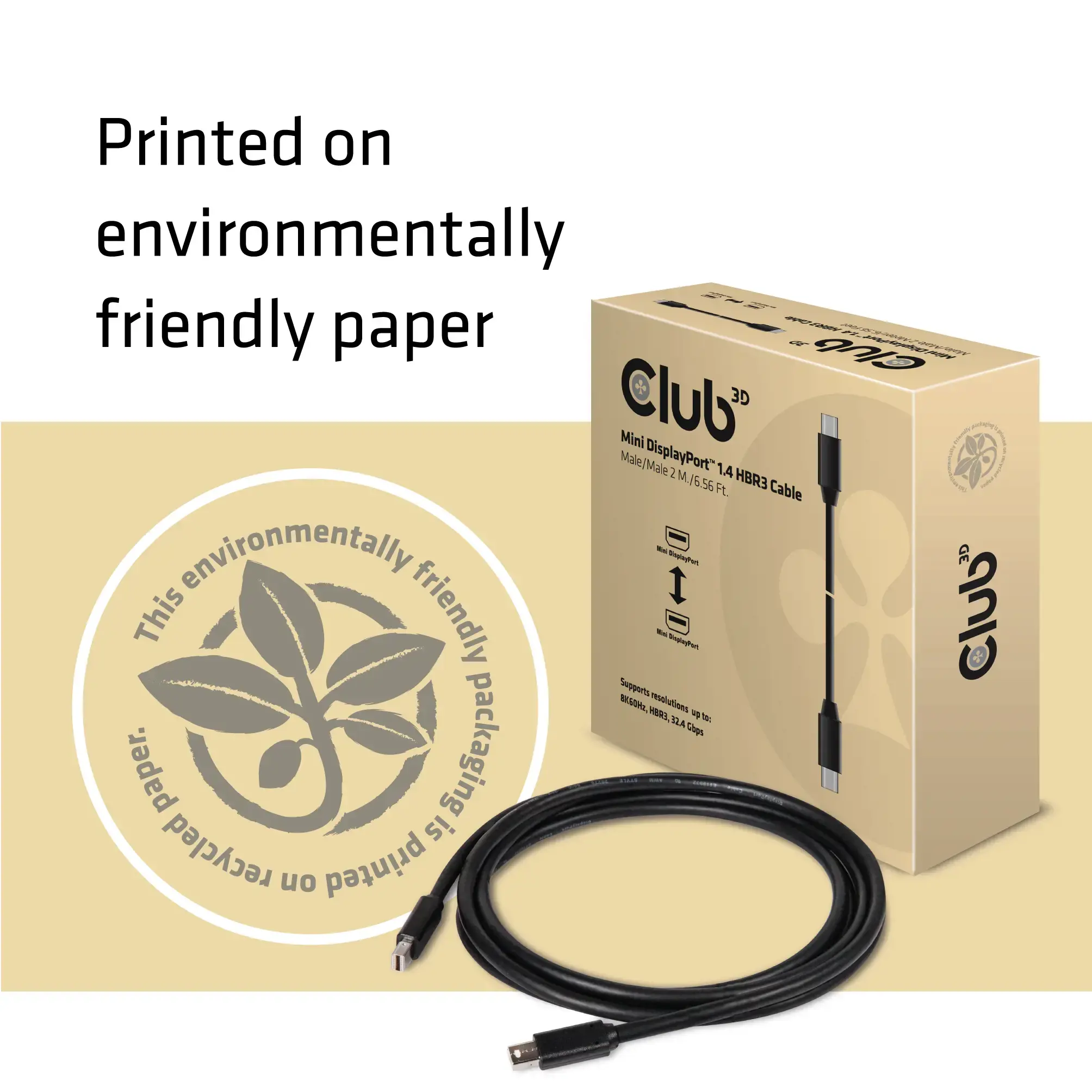 CLUB3D Mini DisplayPort 1.4 Cable HBR3 8K60Hz Male / Male 2 mtr. / 6.56 Ft., 2 m, Mini Displayport, Mini Displayport, Male, Male, 7680 x 4320 pixels