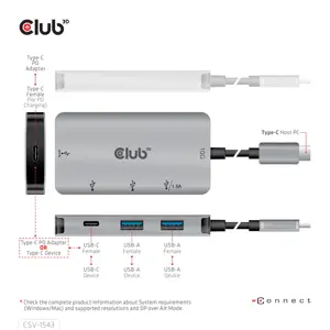 CLUB3D USB Gen2 Type-C PD Charging Hub to 2x Type-C 10G ports and 2x USB Type-A 10G ports, USB 3.2 Gen 2 (3.1 Gen 2) Type-C, USB 3.2 Gen 2 (3.1 Gen 2) Type-A, USB 3.2 Gen 2 (3.1 Gen 2) Type-C, 10000 Mbit/s, Black, Silver, 100 W, Round cable