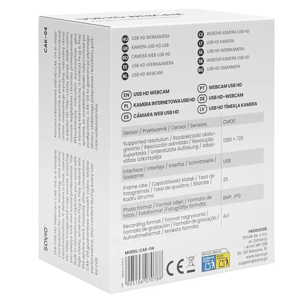 Savio CAK-04 webcam 720 MP 1280 x 720 pixels USB Black