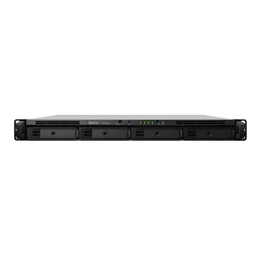 "Synology Rack NAS RS1619xs+" iki 4 HDD/SSD "Hot-Swap", "Intel Xeon D-1527 Quad Core", procesoriaus dažnis 2,2 GHz, 8 GB, DDR4, rezervinis maitinimo šaltinis, 2xM.2 2280 NVMe lizdai, RAID 0,1,5,6,10,10,Hybrid, 4x1GbE, 2xUSB 3.0, 1xPCIe, 1xišplėtimo prievadas, dvigubas ventiliatorius