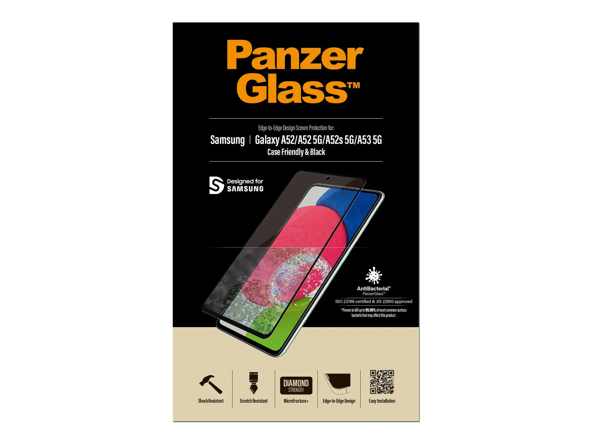 PanzerGlass ™ Samsung Galaxy A52 | A52 5G | A52s 5G | A52s 5G | A53 5G | Ekrano apsauga Stiklas, Skaidri ekrano apsauga, Samsung, Samsung, Samsung - Galaxy A52, Samsung - Galaxy A52 5G, atsparus įbrėžimams, atsparus smūgiams, antibakterinis, skaidrus, 1 vnt.