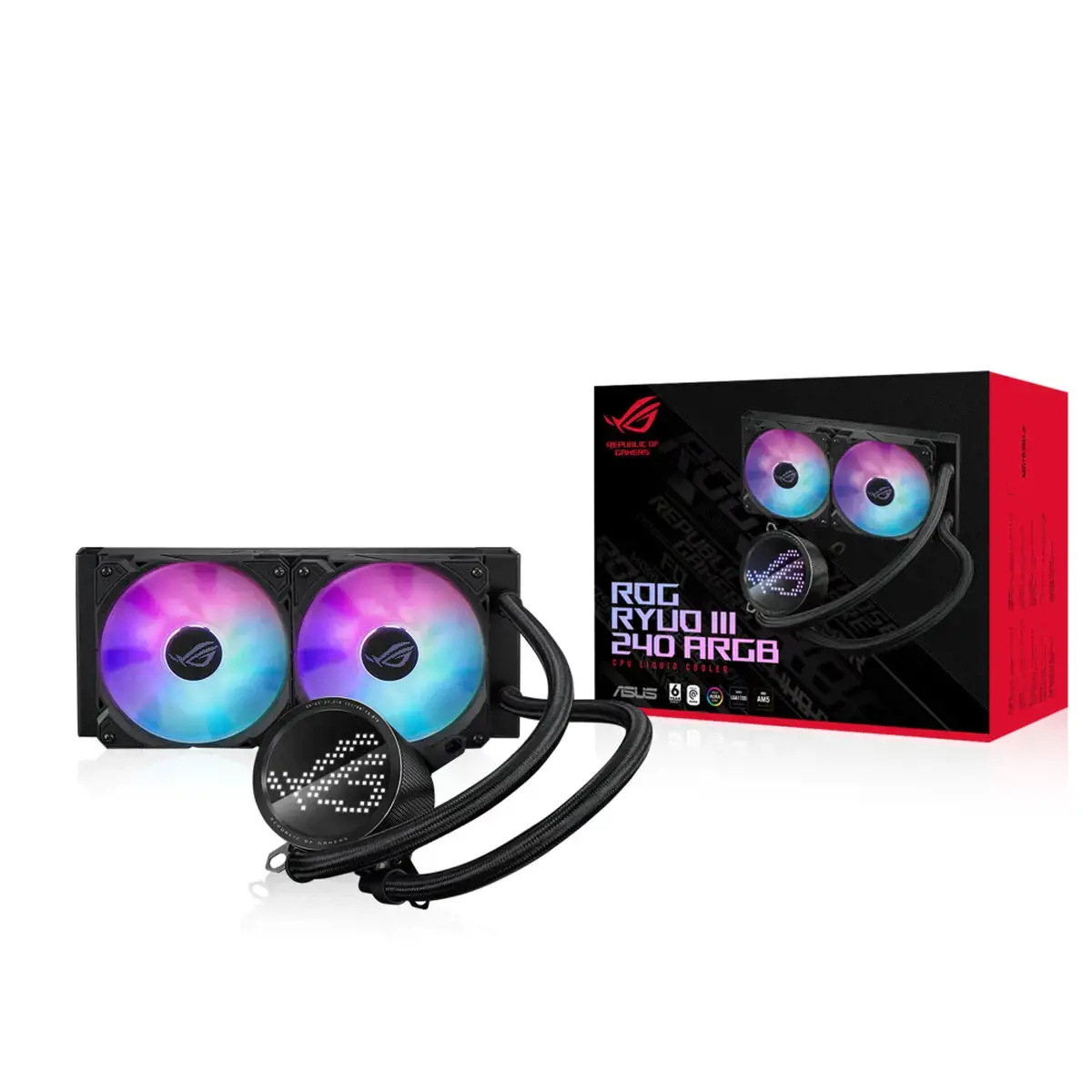 ASUS ROG "Ryuo III 240 ARGB", skysto aušinimo rinkinys, 12 cm, 2200 aps/min, 36,45 dB, 70,07 cfm, juodas