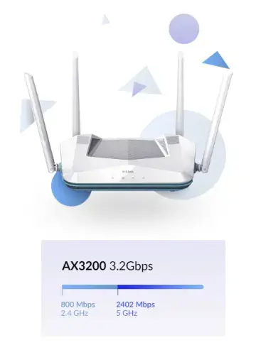 D-Link EAGLE PRO AI AX3200 išmanusis maršrutizatorius R32, "Wi-Fi 6" (802.11ax), dviejų dažnių (2,4 GHz / 5 GHz), Ethernet LAN, baltos spalvos, stalinis / biuro maršrutizatorius