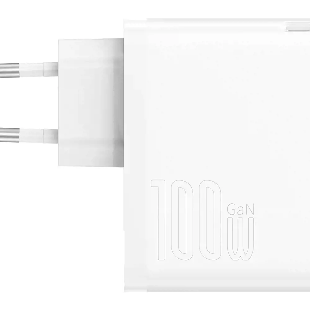 "Baseus GaN5 Pro" sieninis įkroviklis USB-C + USB, 100 W + 1 m kabelis (baltas)