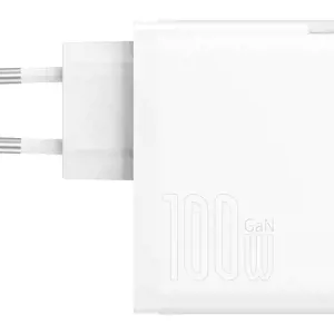 "Baseus GaN5 Pro" sieninis įkroviklis USB-C + USB, 100 W + 1 m kabelis (baltas)