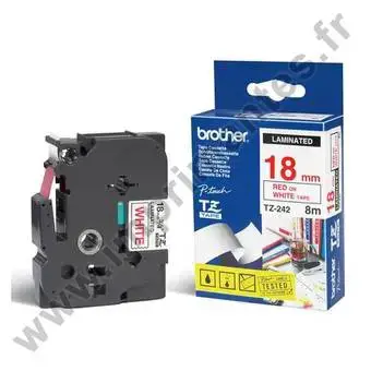 Brother laminuota juosta 18 mm, raudona ant baltos spalvos, TZe, terminis perkėlimas, Brother, PT-2100VP, PT-7600, PT-2430PC, PT-2700, PT-2730, PT-9600, PT-9700PC, PT-9800PCN, 1,8 cm