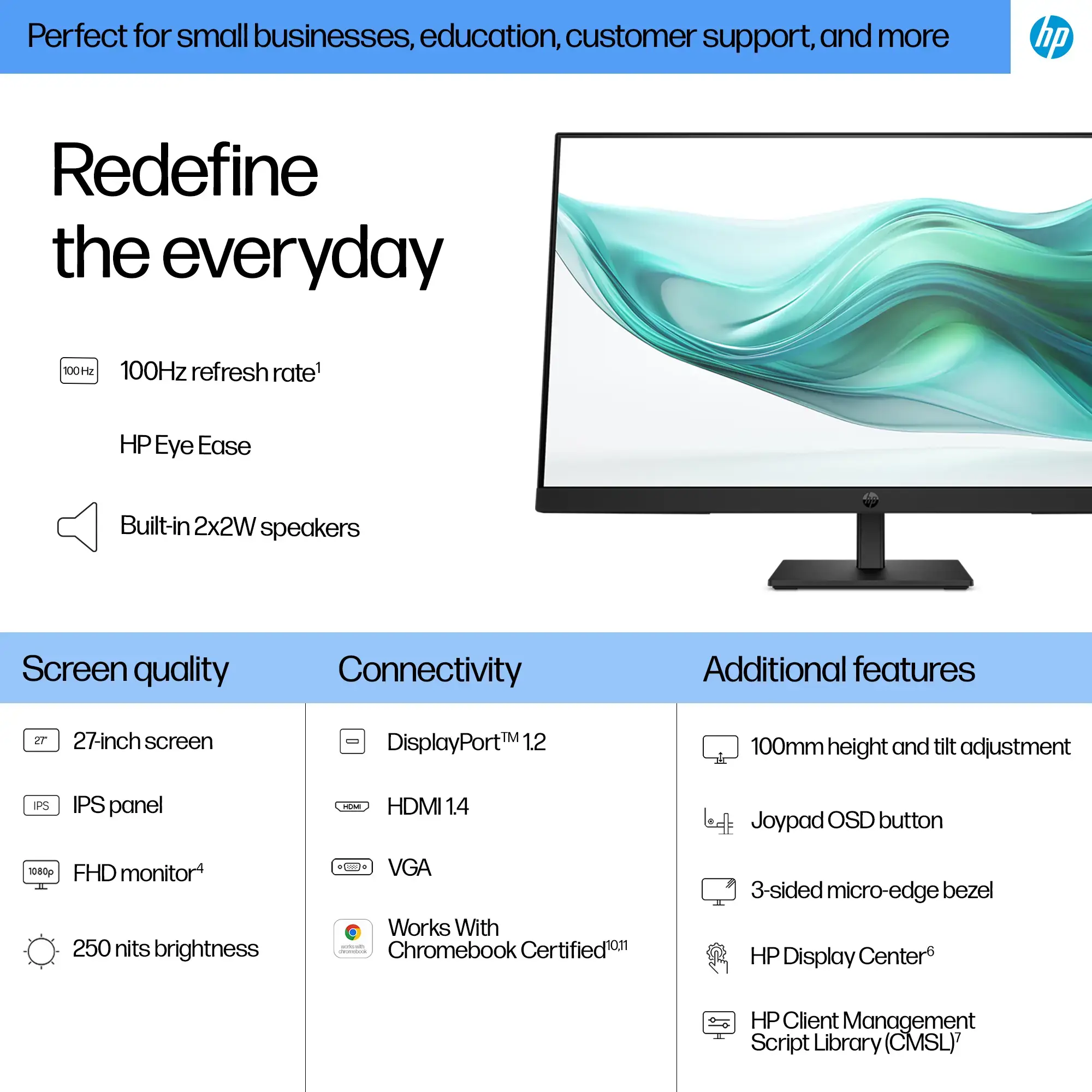 HP 327ph Series 3 Pro FHD Monitor - 27" 1920x1080 FHD 250-nit 100Hz AG, IPS, HDMI/VGA/DisplayPort, speakers, height adjustable/tilt, 3 years (replaces P27h G5)