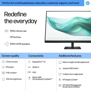 HP 327ph Series 3 Pro FHD Monitor - 27" 1920x1080 FHD 250-nit 100Hz AG, IPS, HDMI/VGA/DisplayPort, speakers, height adjustable/tilt, 3 years (replaces P27h G5)