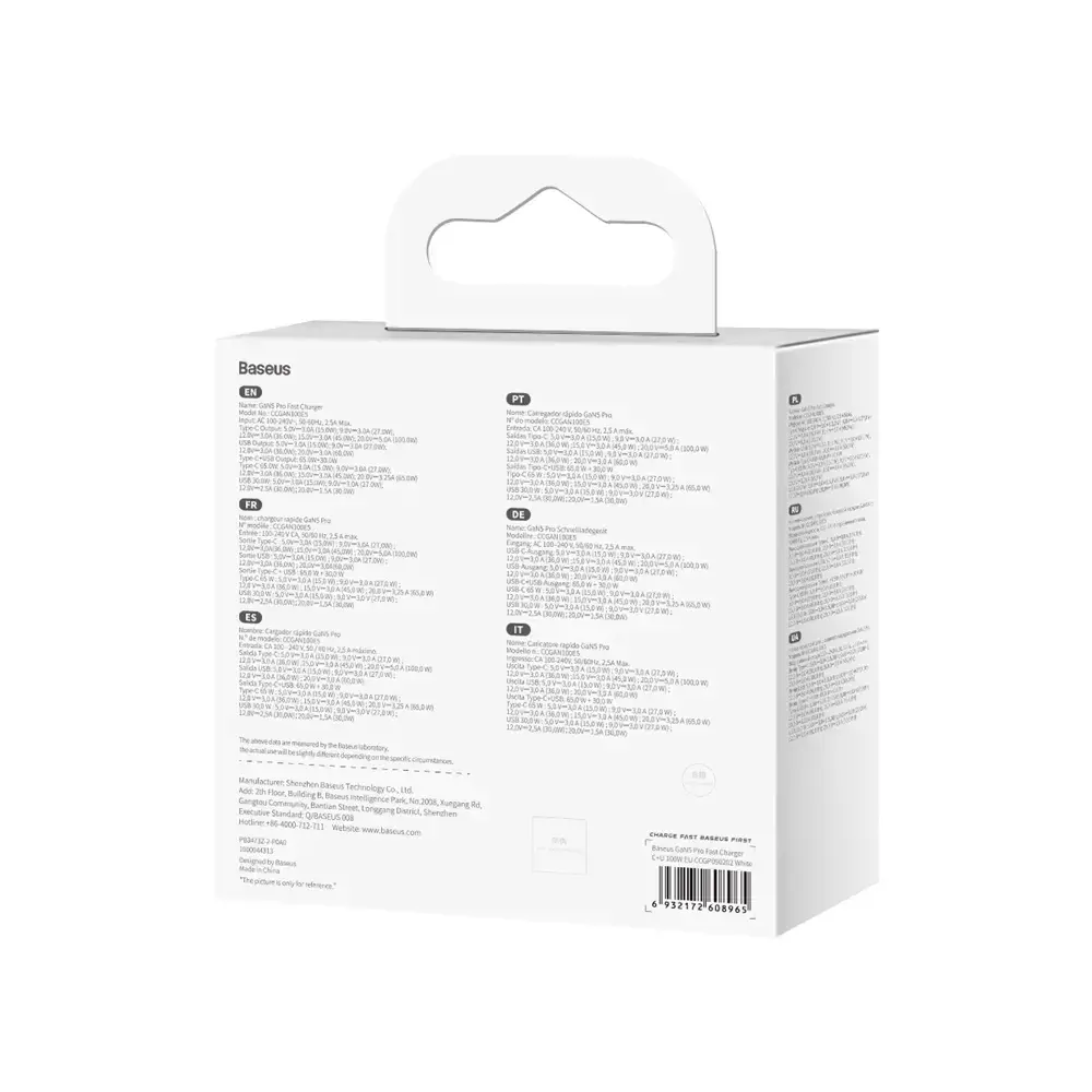 "Baseus GaN5 Pro" sieninis įkroviklis USB-C + USB, 100 W + 1 m kabelis (baltas)