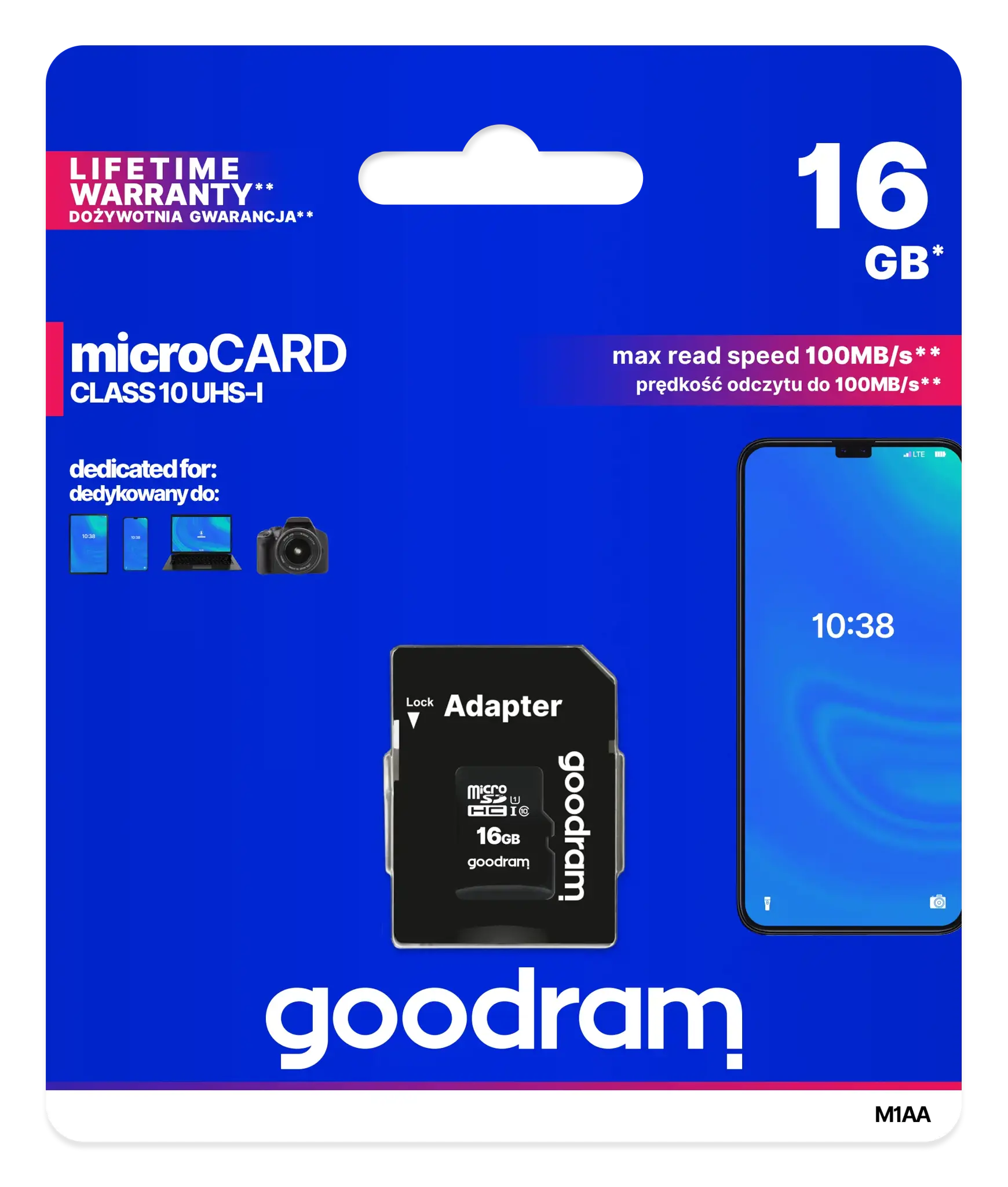 Goodram M1AA, 16 GB, MicroSDHC, Class 10, UHS-I, 100 MB/s, 10 MB/s