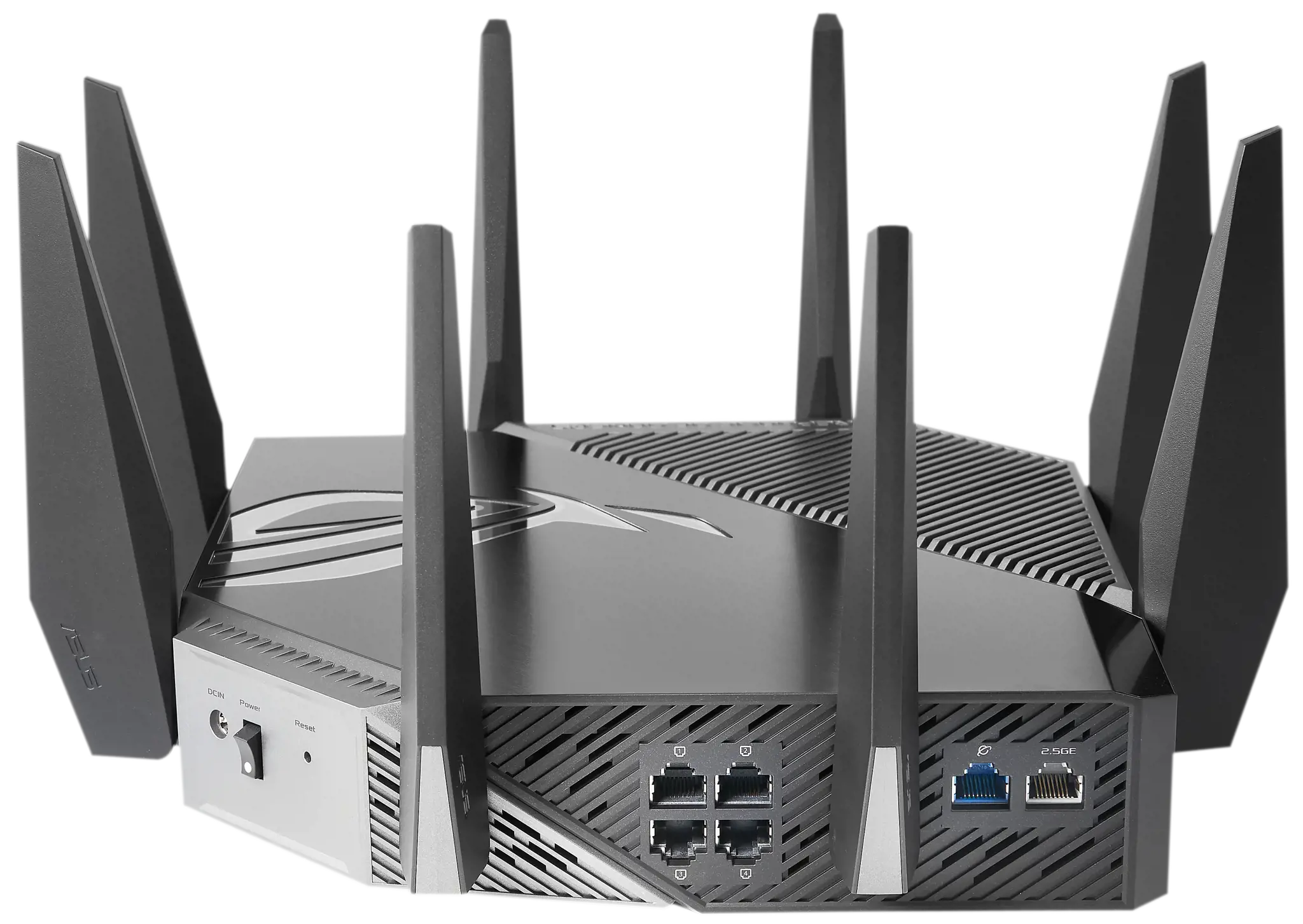 ASUS GT-AXE11000, "Wi-Fi 6" (802.11ax), trijų dažnių (2,4 GHz / 5 GHz / 6 GHz), Ethernet LAN, juodas, stalinis maršrutizatorius