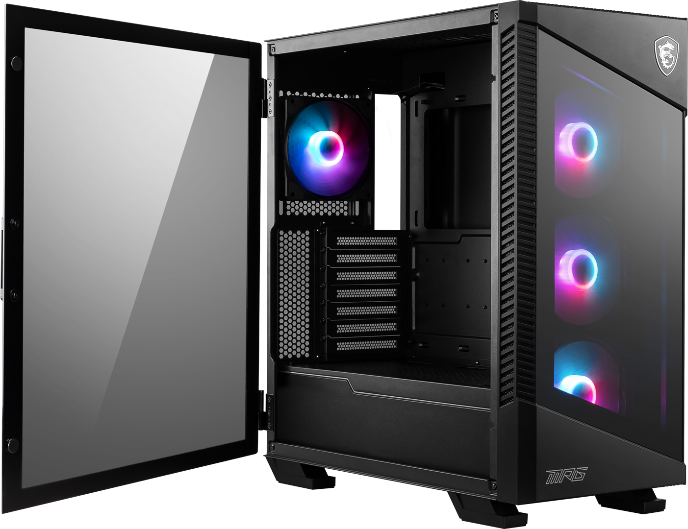 MSI MPG MPG VELOX 100R Mid Tower žaidimų kompiuterių korpusas "Juodas, 4x 120 mm ARGB ventiliatoriai, 1-6 ARGB šakotuvas, ARGB apšvietimo juosta, C tipo USB, grūdintas stiklas, centrinis, E-ATX, ATX, mATX, mini-ITX", Midi Tower, kompiuteris, juodas, ATX, žaidimų, 1x 120 mm