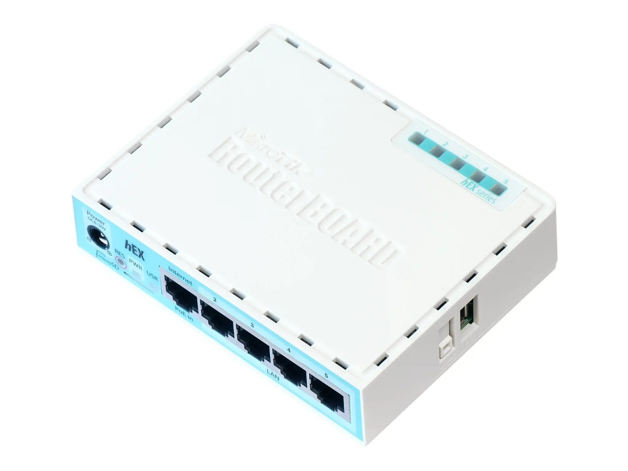"MikroTik RouterBOARD hEX" su dviejų branduolių 880 MHz MHz CPU 256 MB RAM 5 Gigabit LAN