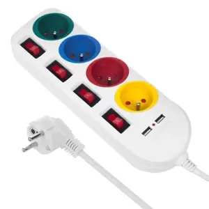 Maclean power strip, extender 4 sockets + 2xUSB, with switches, 250VAC/10A, 2.1A 5V, 1.5m, white, M…