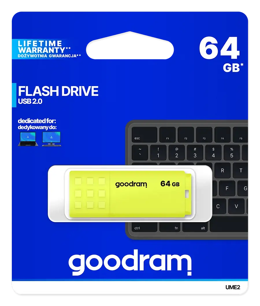 "Goodram UME2", 64 GB, A tipo USB, 2.0, 20 MB/s, dangtelis, geltonos spalvos