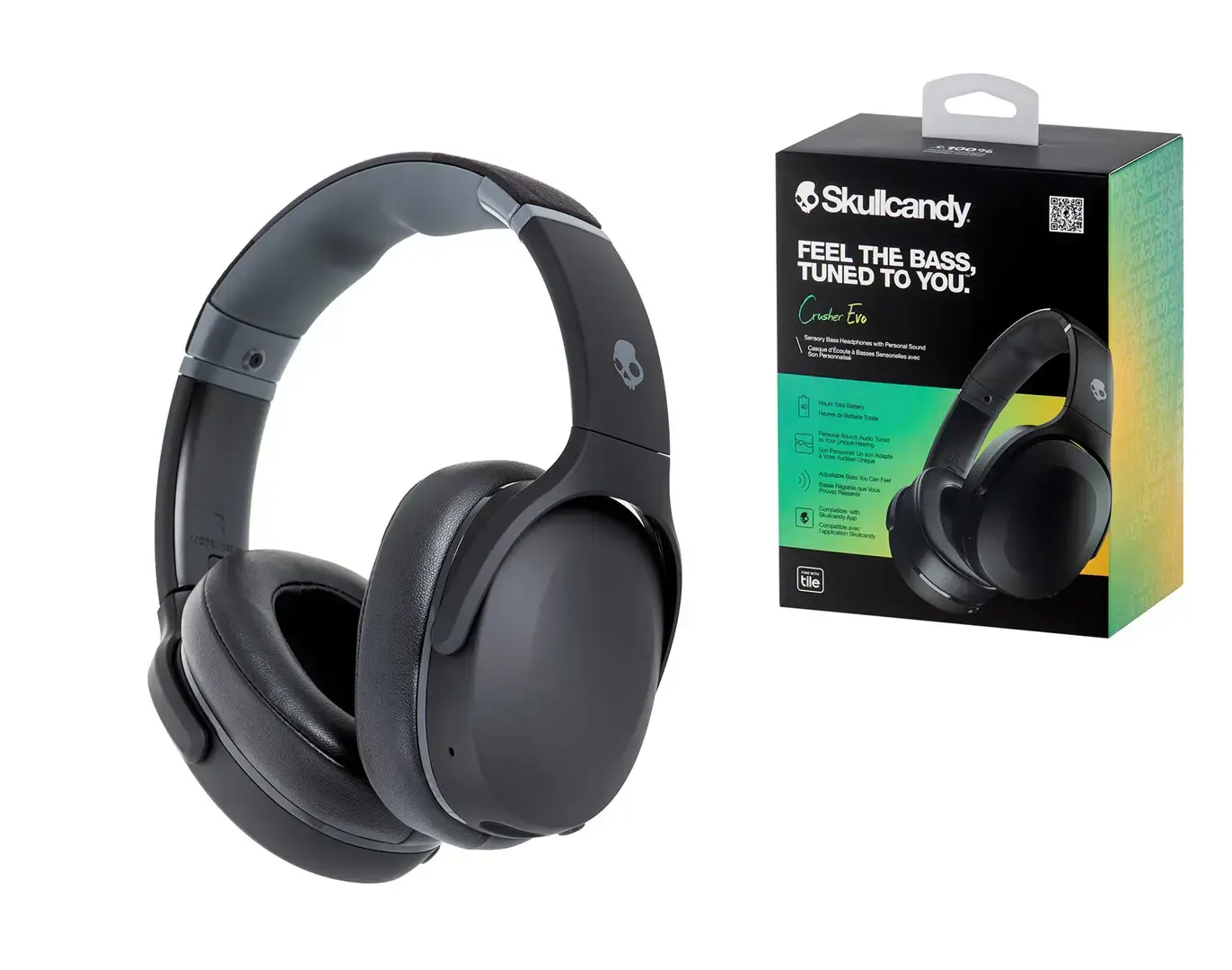 "Skullcandy" belaidės ausinės "Crusher Evo" su ausinėmis, galvos juosta, mikrofonu, tikra juoda spalva
