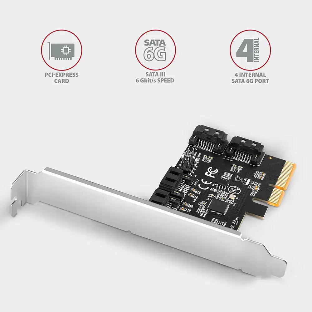 "Axagon" keturių kanalų SATA III PCI-Express valdiklis su keturiais vidiniais SATA prievadais. Standartinis ir žemo profilio.