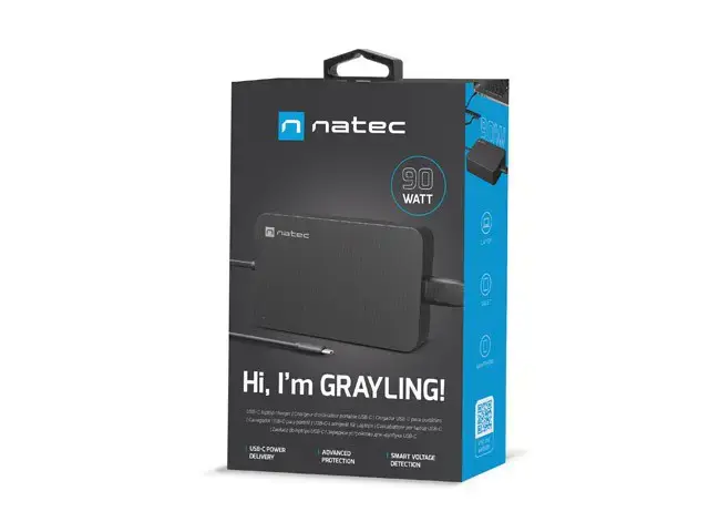 NATEC nešiojamųjų kompiuterių įkroviklis Grayling USB-C 90W, skirtas nešiojamiesiems kompiuteriams, planšetiniams kompiuteriams, telefonams