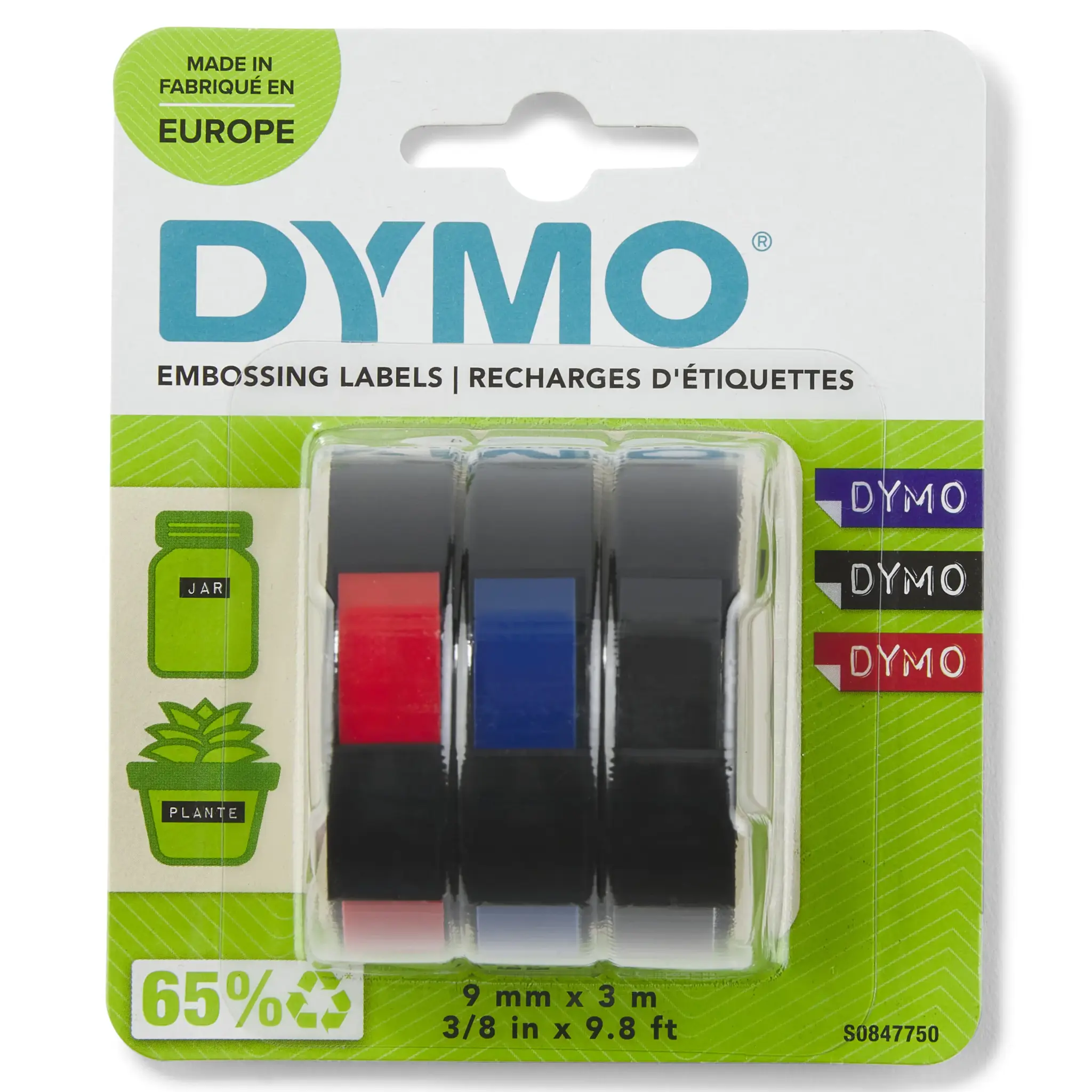 DYMO Authentic Embossing Labels | 9mm x 3m | BlackBlue & Red Self-Adhesive Labelling Tape | for Embossing Label Makers | 3 Count | Made in Europe, Belgium, 3 m, 3 pc(s), 89 mm, 105 mm, 50 mm