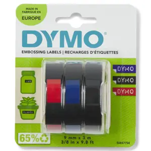 DYMO Authentic Embossing Labels | 9mm x 3m | BlackBlue & Red Self-Adhesive Labelling Tape | for Embossing Label Makers | 3 Count | Made in Europe, Belgium, 3 m, 3 pc(s), 89 mm, 105 mm, 50 mm