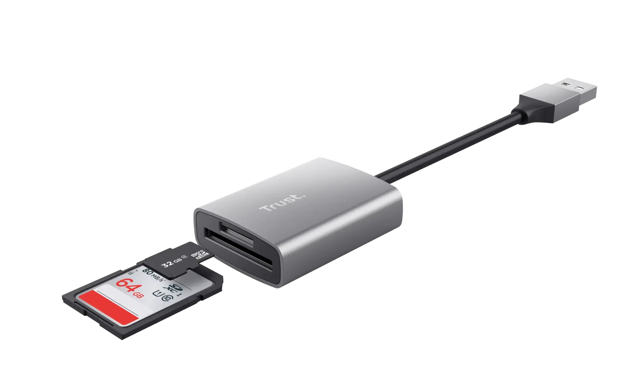 "Trust Dalyx", "MicroSD" (TransFlash), SD, SDHC, SDXC, aliuminis, 140 Mbps, USB 3.2 Gen 1 (3.1 Gen 1), 34 mm, 14 mm