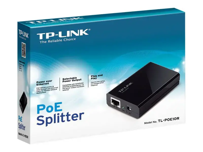 TP-Link TL-POE10R v4, IEEE 802.3, IEEE 802.3ab, IEEE 802.3af, IEEE 802.3u, juoda, maitinimas, FCC, CE, 5, 9, 12 V, 0-40 °C