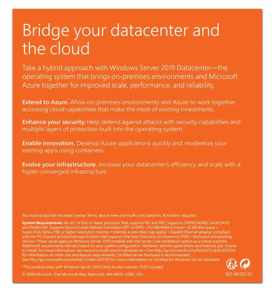 "Microsoft Windows Server 2019 Datacenter", pristatymo paslaugų partneris (DSP), 1 licencija (-os), 32 GB, 0,512 GB, 1,4 GHz, 2048 MB