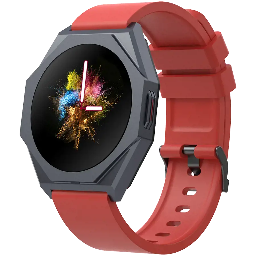 CANYON Otto SW-86, išmanusis laikrodis Realtek 8762DK LCD 1.3'' LTPS 360X360px, G+F 1+gesture 192KB ličio jonų polimero baterija 3.7v 280mAh, ginklo aliuminio lydinio korpuso vidurinis rėmas + plastikinis apatinis korpusas + šiltas raudonas silikoninis dirželis + ginklo dirželio sagtis. šeimininkas: 45,4 * 42,4 * 9,6 mm.