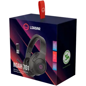 Lorgar Noah 701, žaidimų ausinės su mikrofonu, 2.4G+ BT 5.0 Realtek 8763, baterija 1000 mAh, C tipo įkrovimo kabelis 0,8 m, garso kabelis 1,5 m, dydis: 195*185*80 mm, 0,28 kg. Juoda