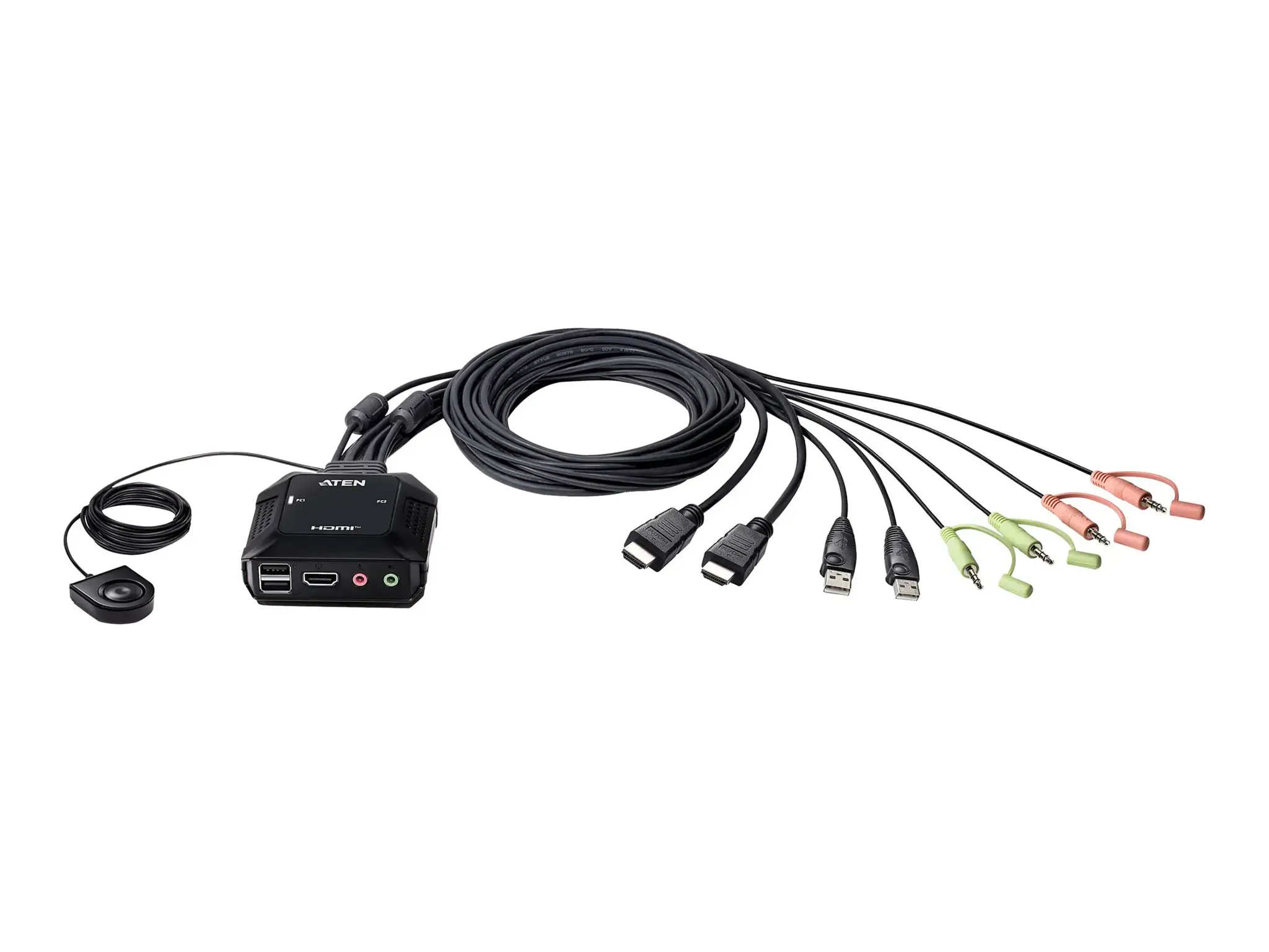 ATEN 2 prievadų USB 4K HDMI kabelinis KVM jungiklis su nuotoliniu prievadų parinkikliu, 4096 x 2160 taškų, 4K Ultra HD, 3,47 W, juodas