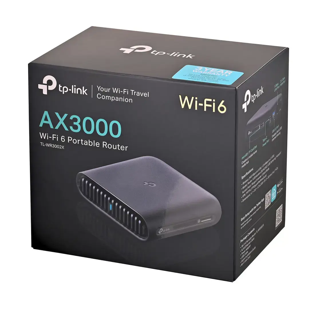 TP-LINK AX3000 Wi-Fi 6 Portable Router | TL-WR3002X | 802.11ax | 574/2402 Mbit/s | Ethernet LAN (RJ-45) ports 1 | Mesh Support No | MU-MiMO No | No mobile broadband