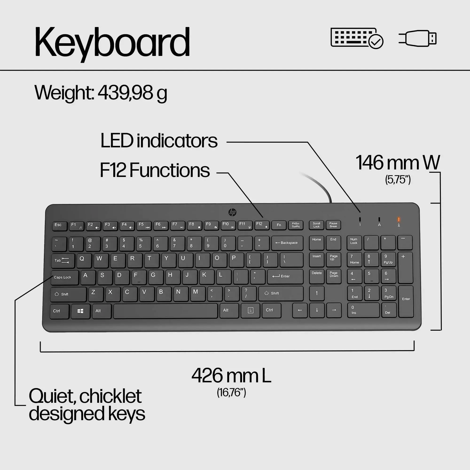 HP 150 laidinė klaviatūra, pilno dydžio (100 %), USB, mechaninė, QWERTY, juoda