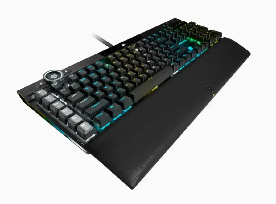 CORSAIR K100 RGB optinė mechaninė žaidimų klaviatūra su RGB LED apšvietimu CORSAIR OPX RAPIDFIRE juoda PBT klaviatūra