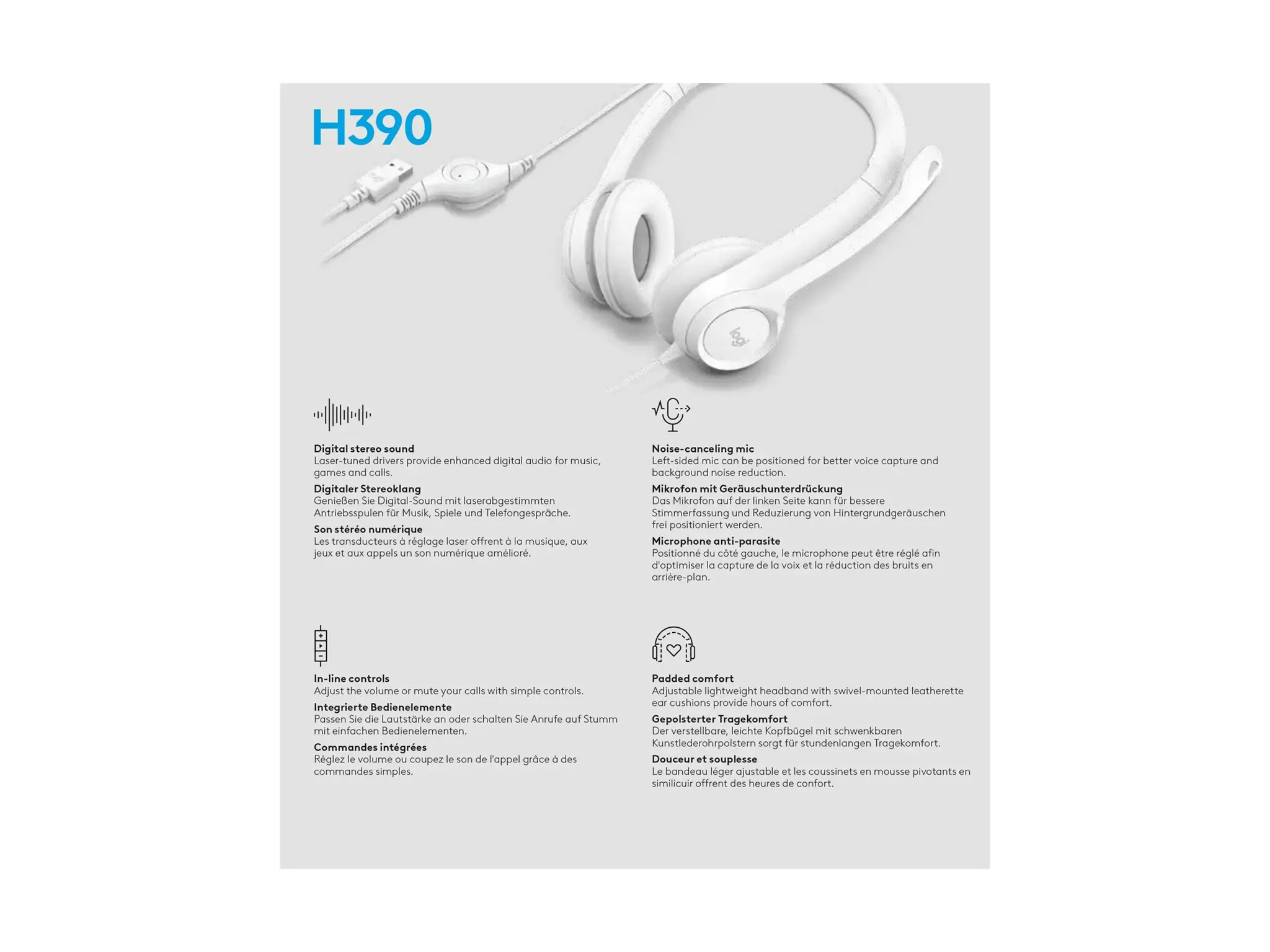 LOGITECH H390 laidinės ausinės - OFFWHITE - USB