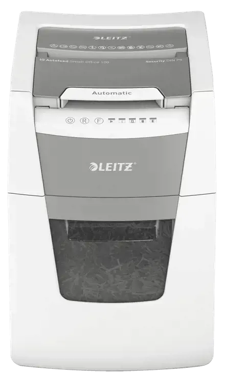 "Leitz IQ Autofeed Small Office 100" automatinis popieriaus smulkintuvas P4, kryžminis smulkinimas, 22 cm, 4 x 30 mm, 34 L, Touch, 8 lapai