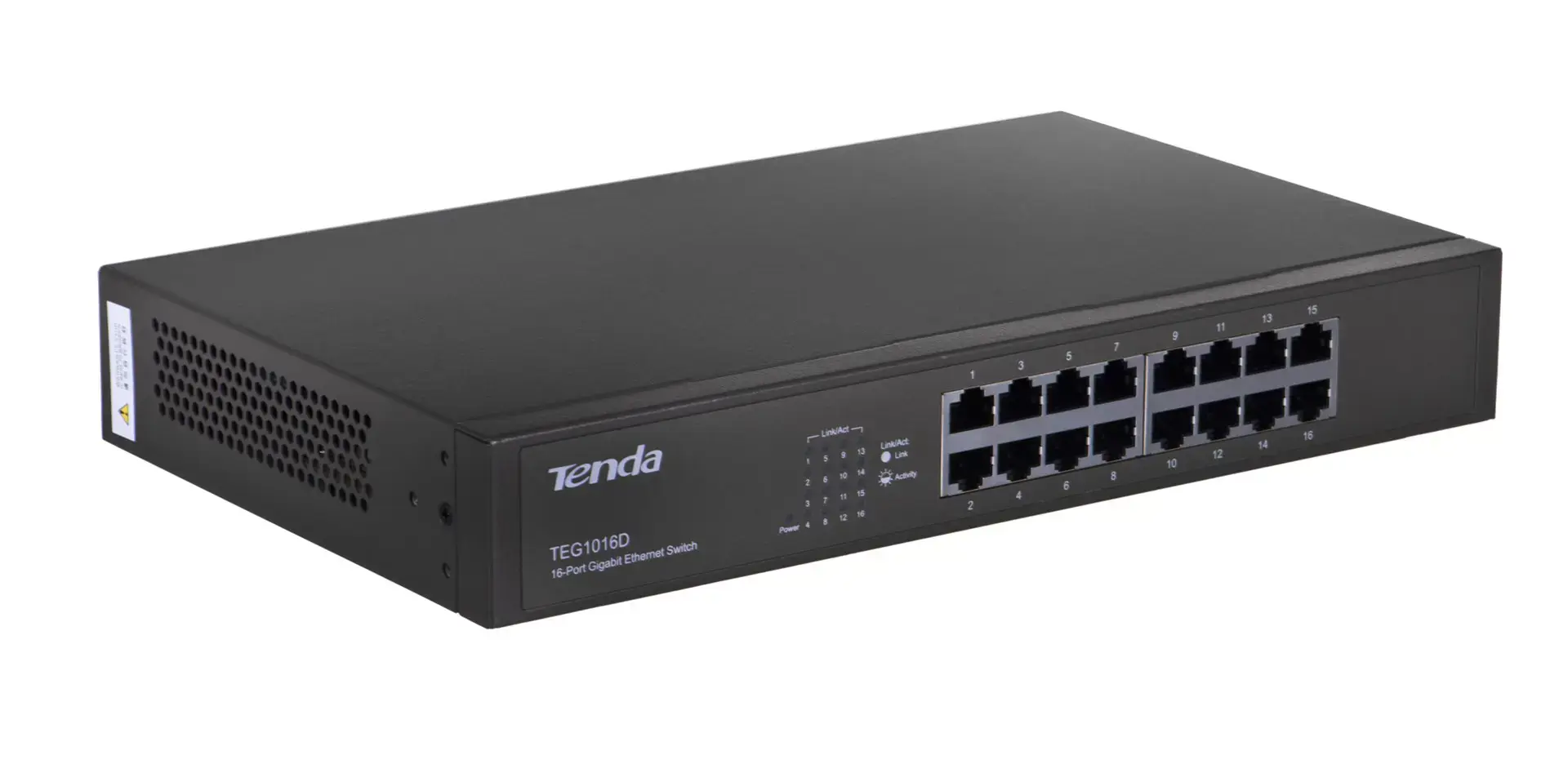 16 prievadų 10/100/1000 Mbps Ethernet komutatorius, IEEE802.3, IEEE802.3u, IEEE802.3z, IEEE802.3ab, automatinis MDI/MDIX, apsauga nuo audros, 11 colių metalinis korpusas su metaliniais tvirtinimo laikikliais, tinkamais montuoti į 19 colių spintą