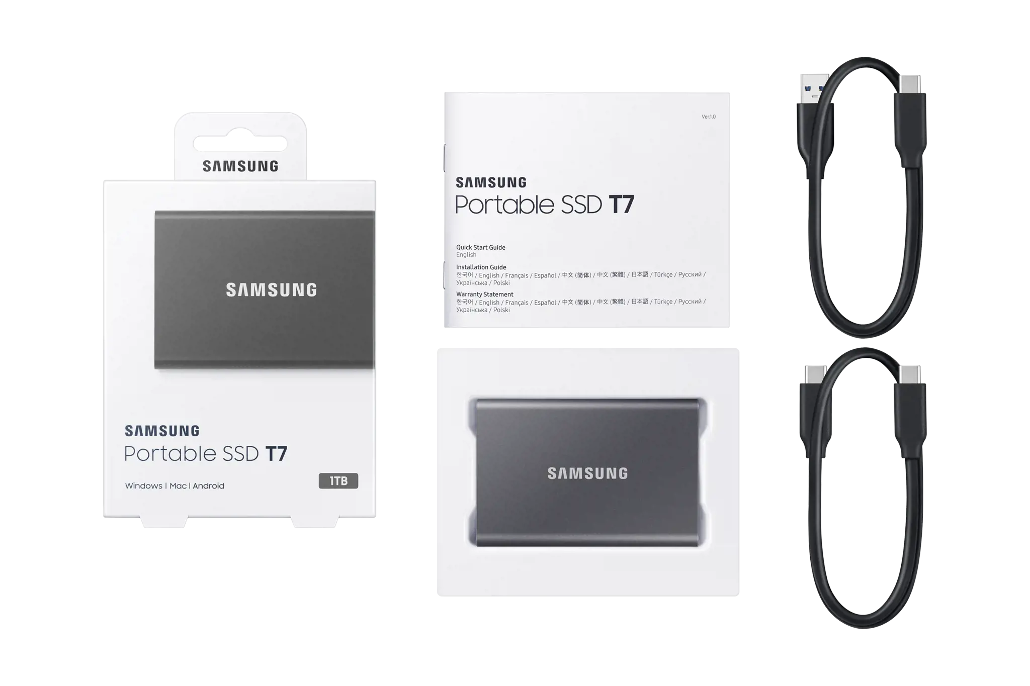 "Samsung" nešiojamasis SSD diskas T7, 1000 GB, C tipo USB, 3.2 Gen 2 (3.1 Gen 2), 1050 MB/s, apsauga nuo slaptažodžio, pilkas