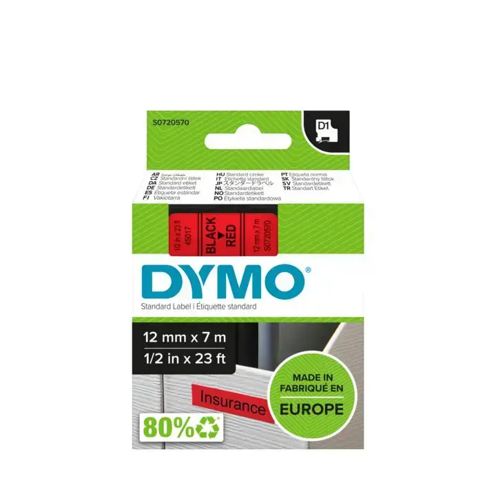 DYMO Authentic D1 Labels | Black Print on Red Tape | 12 mm x 7 m | Self-Adhesive Labels for LabelManager Label Makers | Made in Europe, Black on red, Polyester, Belgium, -18 - 90 °C, DYMO, LabelManager, LabelWriter 450 DUO