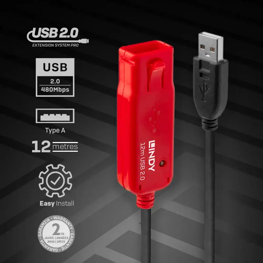 "Lindy" 12 m USB2.0 prailginimo rinkinys 42870, 12 m, USB A, USB A, USB 2.0, 480 Mbps, juodas