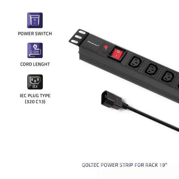 QOLTEC 53998 Apsauga nuo viršįtampių Qoltec RACK 19 1U 10A PDU 8xIEC C13 2m