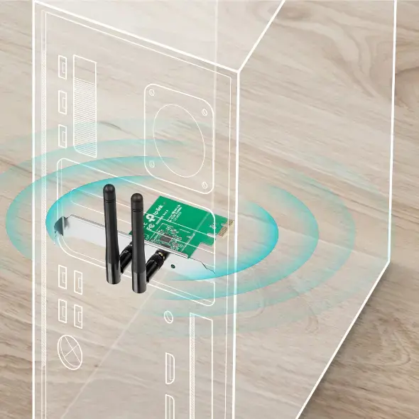 TP-LINK 300MBit/s WLAN-N PCI Express adapteris Atheros-Chipsatz 2T2R 2,4 GHz 802.11b/g/n 2 nuimamos antenos
