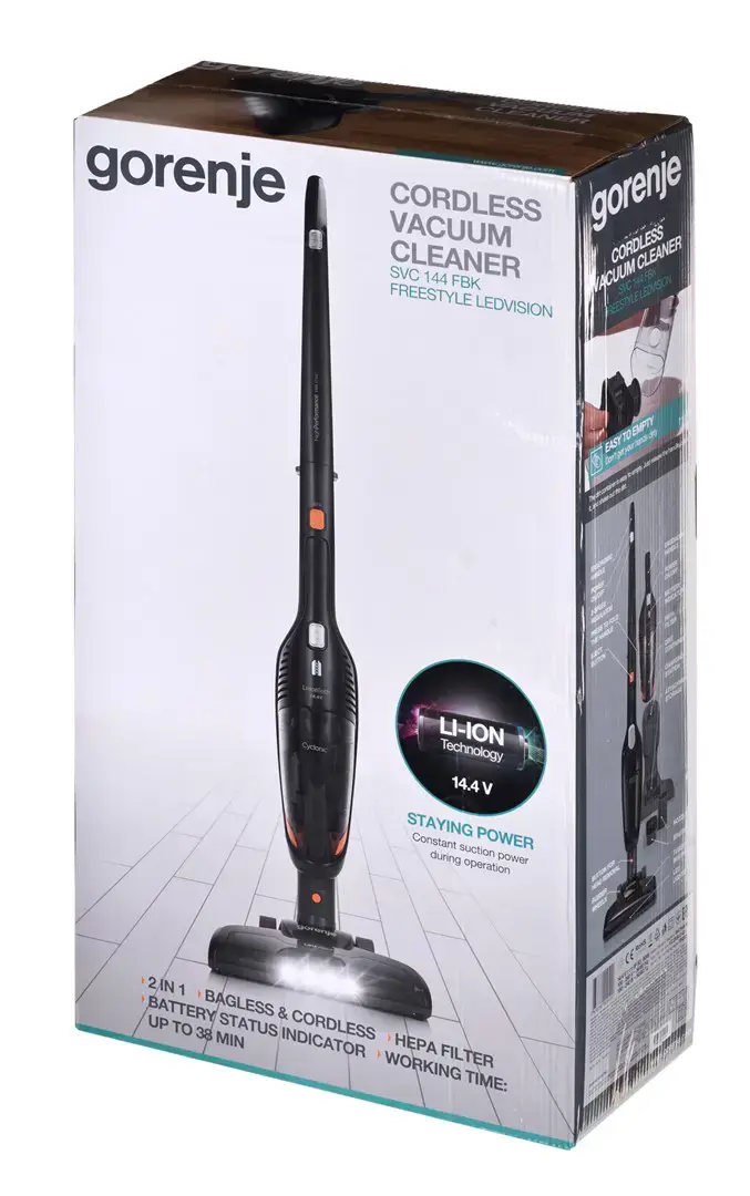 "Gorenje" dulkių siurblys SVC144FBK Akumuliatorinis darbinis, rankinis ir rankinis, 14,4 V, Veikimo laikas (maks.) 38 min, Juodas, Garantija 24 mėn., Akumuliatoriaus garantija 12 mėn.