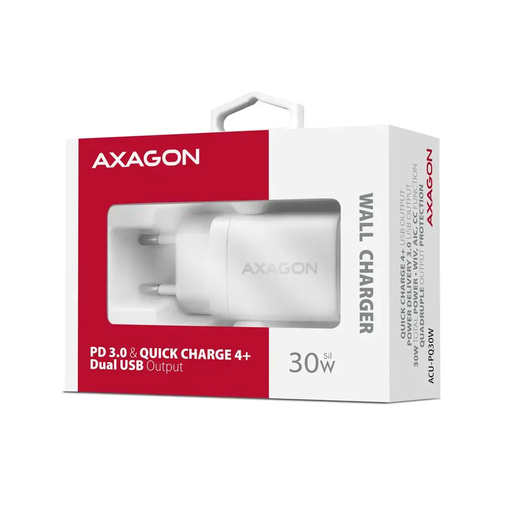 "Axagon Sil" sieninis įkroviklis su 2 prievadais (USB-A + USB-C), PD3.0/QC4+/PPS/AFC/Apple. 30 W bendra galia.