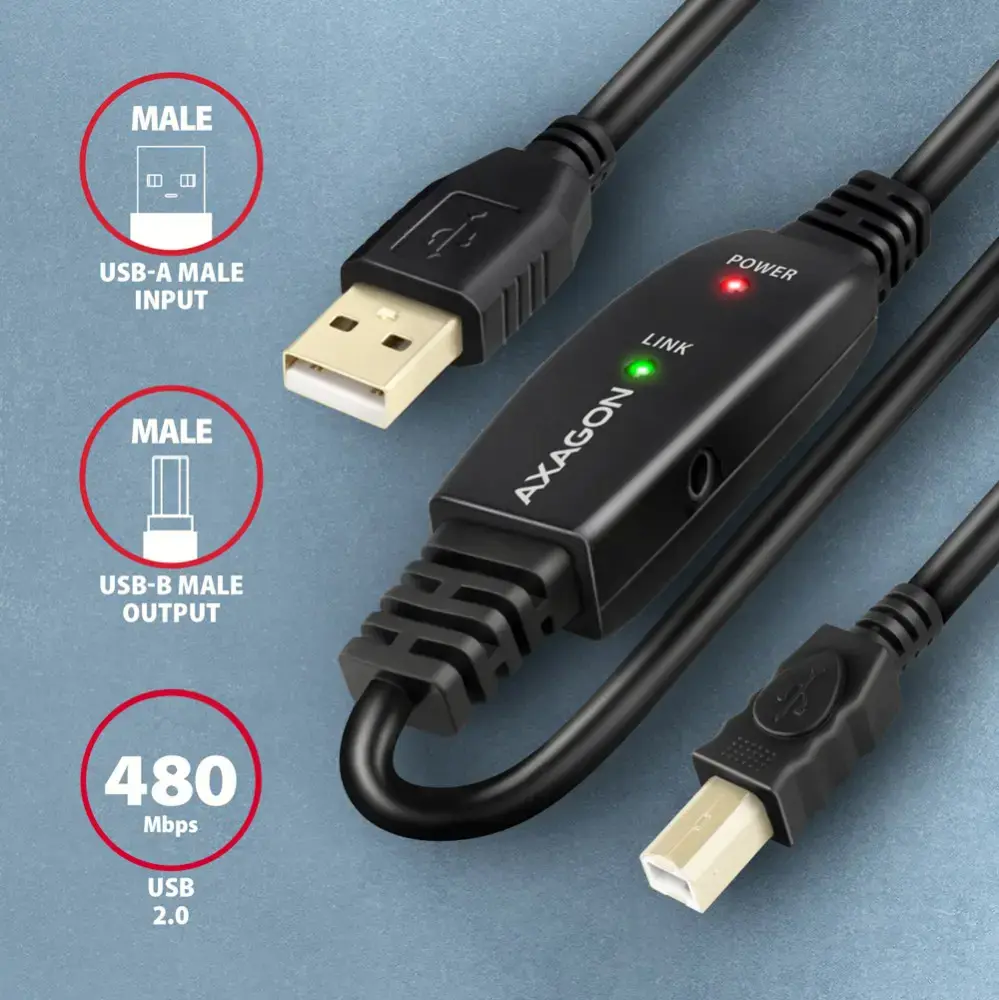 Aragon ADR-210B Aktyviosios jungties USB 2.0 A-M > B-M kabelis, 10 m ilgio. Maitinimo šaltinio parinktis.